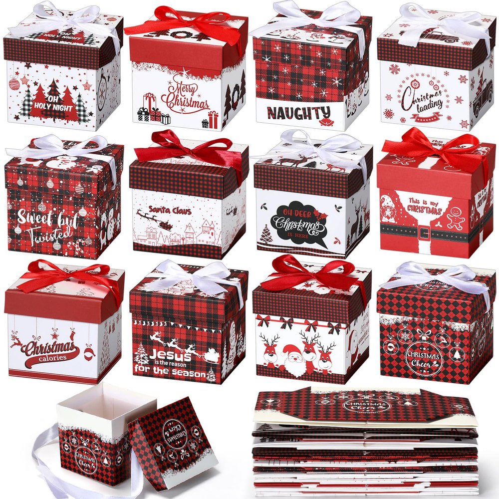 Cholemy 36 Pcs Christmas Gift Boxes with Lids Small Squared Boxes with Ribbon Bow 4x4x4 Inch for Christmas Party Favor Present Packaging Xmas Holiday Gift Wrap, 12 Designs(Plaid Style)