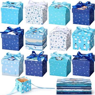 Cholemy 36 Pcs Christmas Gift Boxes with Lids Small Squared Boxes with Ribbon Bow 4x4x4 Inch for Christmas Party Favor Present Packaging Xmas Holiday Gift Wrap, 12 Designs(Winter Style)