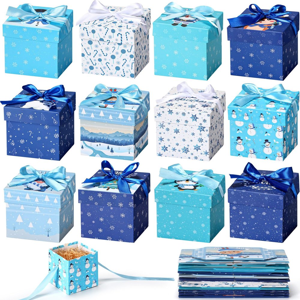 Cholemy 36 Pcs Christmas Gift Boxes with Lids Small Squared Boxes with Ribbon Bow 4x4x4 Inch for Christmas Party Favor Present Packaging Xmas Holiday Gift Wrap, 12 Designs(Winter Style)