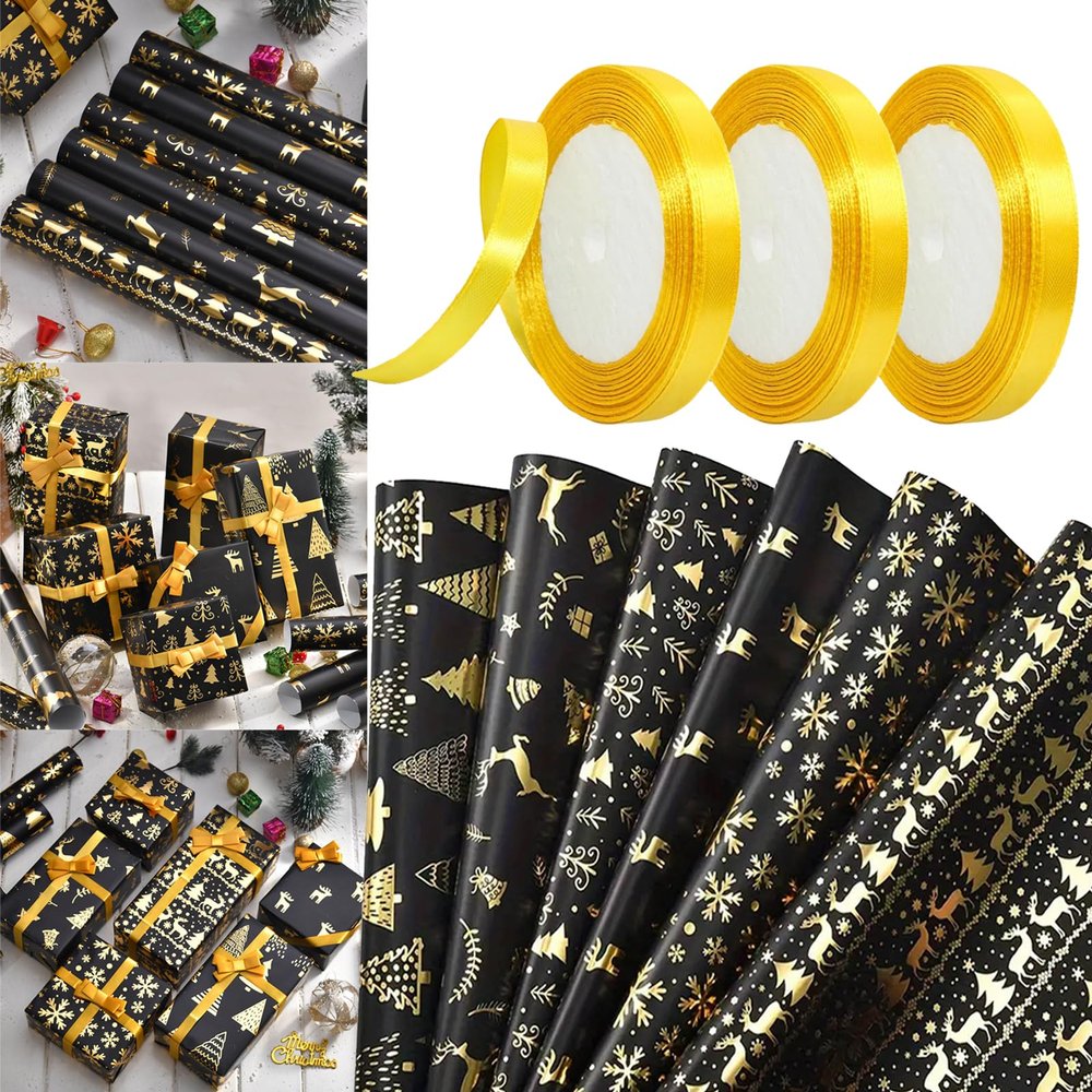 6pcs Black & Golden Christmas Wrapping Paper and 3pcs 866inch Golden Yellow Ribbon- Reindeer & Tree Pattern, Shiny Metallic Foil Paper