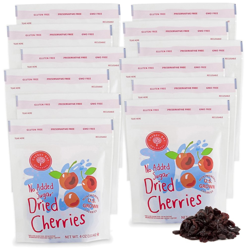 Cherry Bay Orchards Unsweetened Dried Tart Cherries (12 Pack 4 oz Bags, 48 oz Total) - No Added Sugar, 100% Domestic, All Natural, Kosher Certified, Gluten Free, GMO Free - Packed in Resealable Pouch
