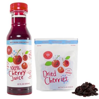 Cherry Bay Orchards Tart Cherry Juice (12oz) + Dried Cherries (6oz) Snack Variety Pack - GMO, Preservative & Gluten-Free, USA Grown, All Natural, Kosher Certified - Healthy Snack for School & Work