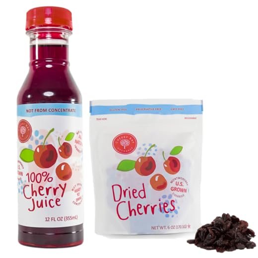 Cherry Bay Orchards Tart Cherry Juice (12oz) + Dried Cherries (6oz) Snack Variety Pack - GMO, Preservative & Gluten-Free, USA Grown, All Natural, Kosher Certified - Healthy Snack for School & Work