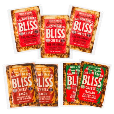 Cheese Bros. Golden Baked Bliss Cheese | Made in Wisconsin | Heat & Eat | Variety Pack with Original, Bacon, Italian | 7 Pack