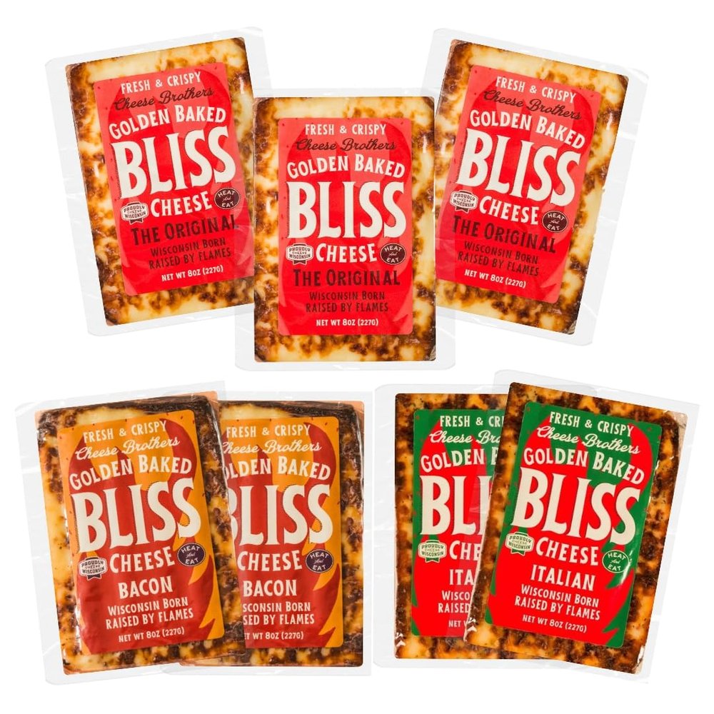 Cheese Bros. Golden Baked Bliss Cheese | Made in Wisconsin | Heat & Eat | Variety Pack with Original, Bacon, Italian | 7 Pack