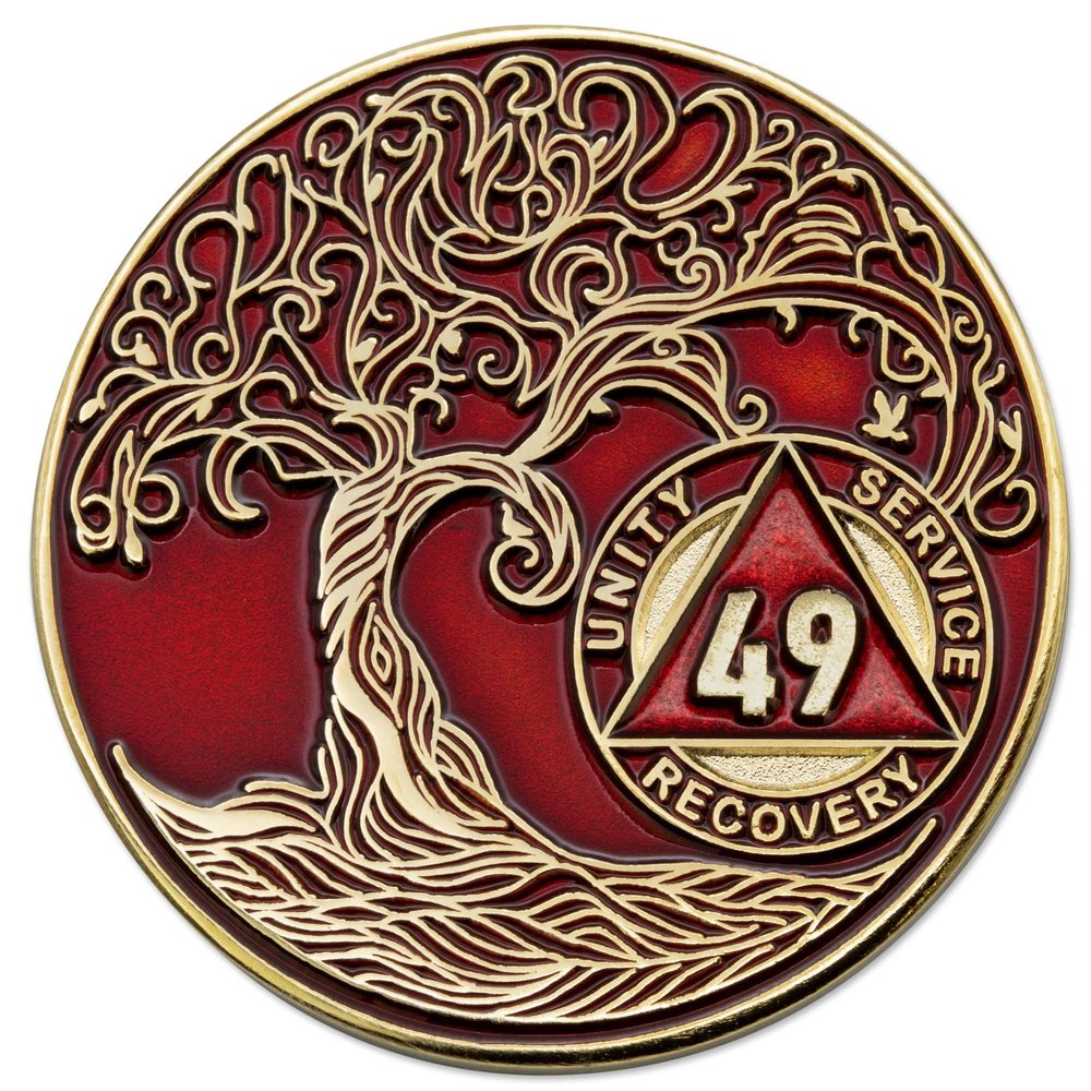 1 to 50 Year Twisted Tree of Life Sobriety Coin - Gold Plated AA Chips & Medallions - 49 Year Sobriety Coin - Red
