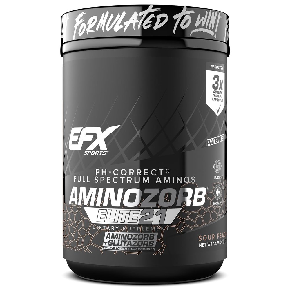 EFX Sports Aminozorb Elite 21 | PH-Correct, Full Spectrum Aminos + Glutamine | Essential & Non Essential Aminos | Zero Sugars | 30 Servings (Sour Peach)