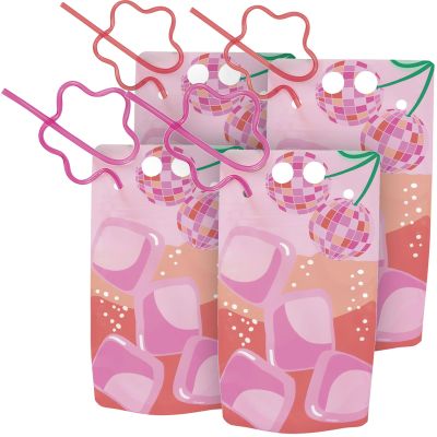 Summer Disco' Multicolor Drink Pouches with Red & Pink Flower Shaped Straws, 18 oz. (4 Count) - Perfect for Luaus, Birthdays & Tropical- Themed Parties