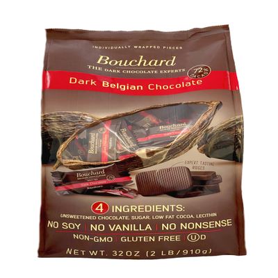 Bouchard Premium Belgian Dark Chocolate with 72% Cacao | Individually Wrapped Pieces (2 LB)(4 pack) - NEW PACKAGING