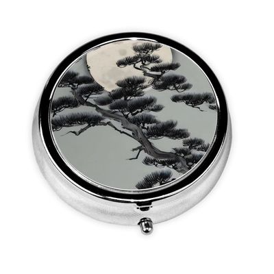 Pine Tree Under The Moonround Pill Box, 3 Compartment Round Pill Box Organizer, ^Portable Travel Pill Box for Traveling.