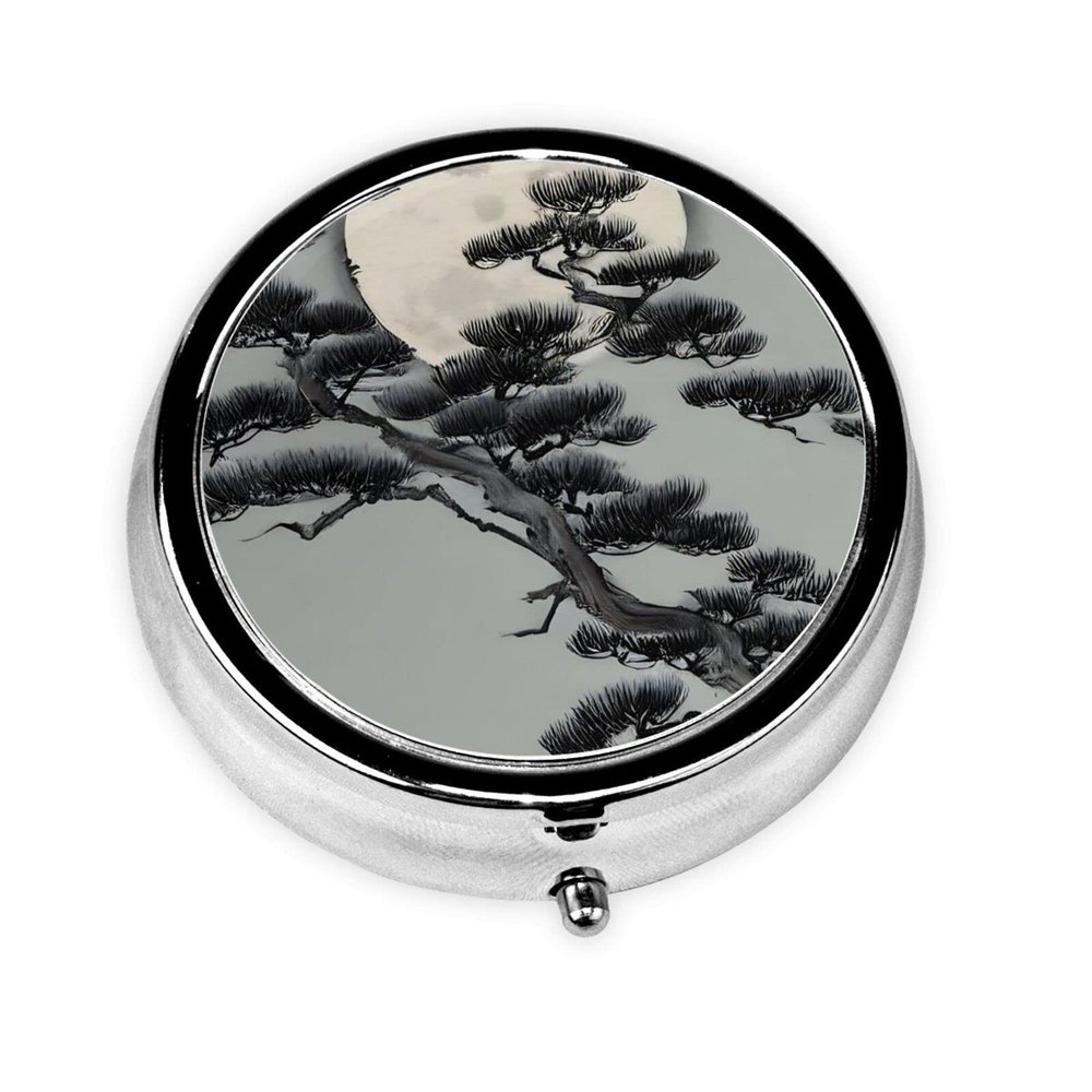 Pine Tree Under The Moonround Pill Box, 3 Compartment Round Pill Box Organizer, ^Portable Travel Pill Box for Traveling.