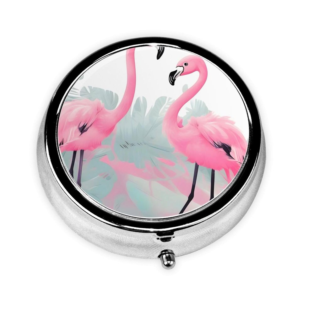 Pink Flamingoround Pill Box, 3 Compartment Round Pill Box Organizer, ^&Portable Travel Pill Box for Traveling.
