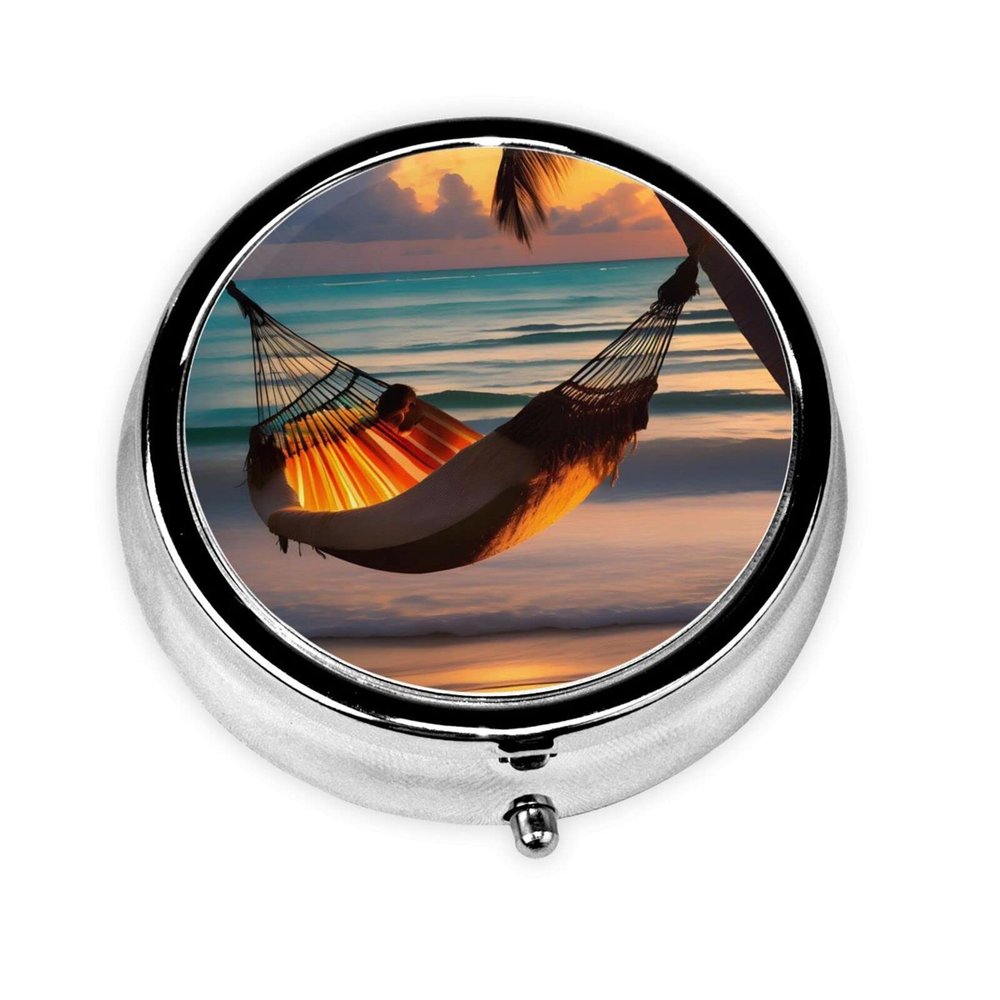 Sunset Beach Hammockround Pill Box, 3 Compartment Round Pill Box Organizer, ^&Portable Travel Pill Box for Traveling.