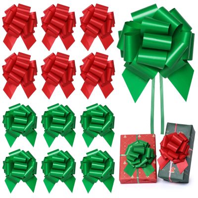 12 pcs Large Christmas Bows for Gift Wrapping, 5inch Wide Xmas Pull Bows for Presents, Gift Baskets, Christmas Tree, Wine Bottles, Decorations (red and Green)