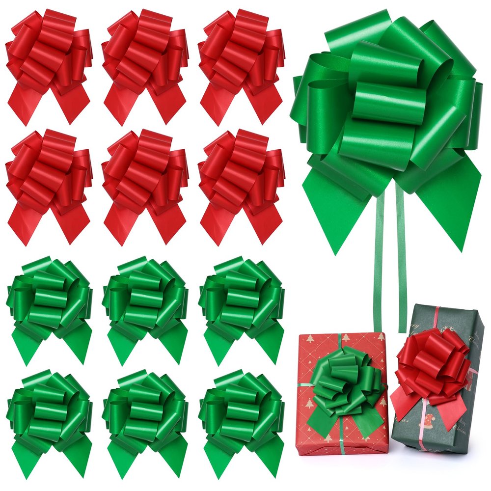 12 pcs Large Christmas Bows for Gift Wrapping, 5inch Wide Xmas Pull Bows for Presents, Gift Baskets, Christmas Tree, Wine Bottles, Decorations (red and Green)