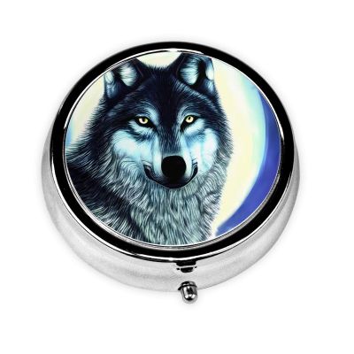 Wolf Under Moonround Pill Box, 3 Compartment Round Pill Box Organizer, ^Portable Travel Pill Box for Traveling.