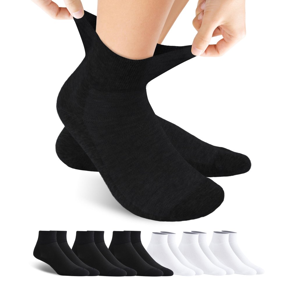 Forcool Diabetic Ankle Socks, Loose Top Extra Wide Non-Binding and Cushioned for Men's Women's, Black White, Large, 6 Pairs