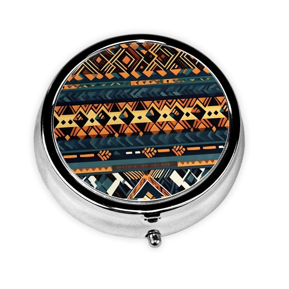 African Tribal Ethnic Textureround Pill Box, 3 Compartment Round Pill Box Organizer, ^&Portable Travel Pill Box for Traveling.