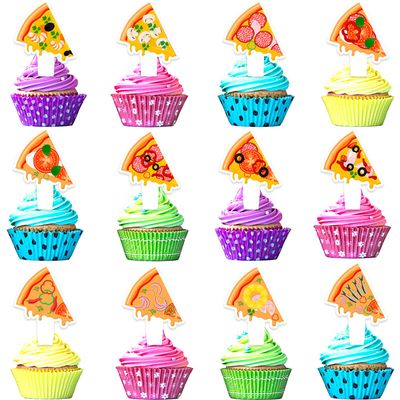 24 Pieces Pizza Cupcake Toppers Pizzeria Happy Birthday Slice Decorations, Themed Birthday Party for Boys and Girls, Pizza Party or Baby Shower Party Decorations, Birthday Gifts for Kids.