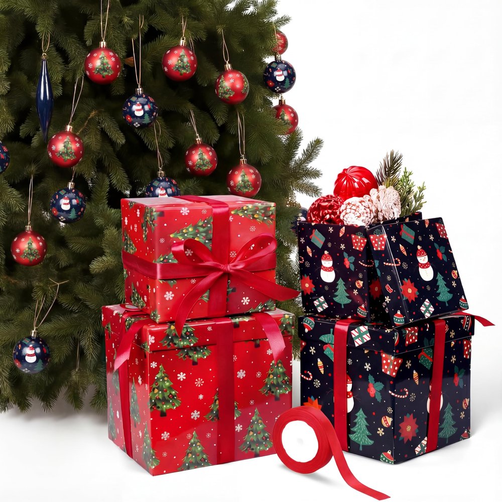 Fuyoooo 4 Pcs Christmas Gift Boxes with Lids Ribbons Xmas Stackable Boxes Square Nesting Gift Boxes Assorted Sizes for Christmas New Year Birthday Wrapping Gift(Snowman Style)