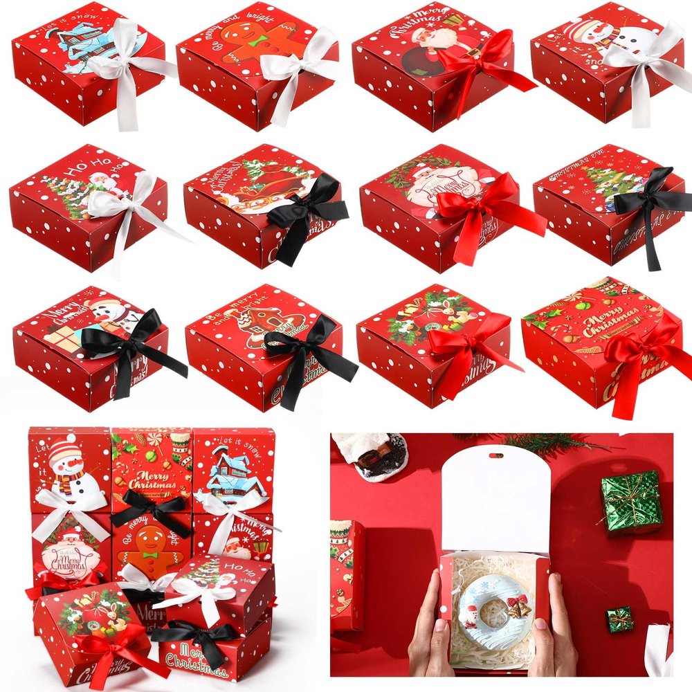 Cholemy 60 Pcs Christmas Gift Boxes with Lids Bulk, 4.5 x 4.5 x 1.95 Inch Small Christmas Boxes with Bows for Gift Card Chocolate Crafting Xmas Party Favor Supplies, 12 Styles