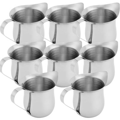 KEILEOHO 8 Pack 3oz Small Metal Pitcher, Stainless Steel Creamer Pitcher, Bell Shaped Creamers with Pouring Spout Creamer Pitchers for Serving Cream, Milk, Coffee