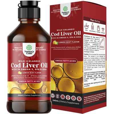 Icelandic Wild Caught Cod Liver Oil Liquid - Fish Oil Drops with Omega 3, EPA, DHA, Vitamin D & A - Liquid Cod Liver Supplement for Heart, Joint, Brain & Immune Support - 8 Fl Oz