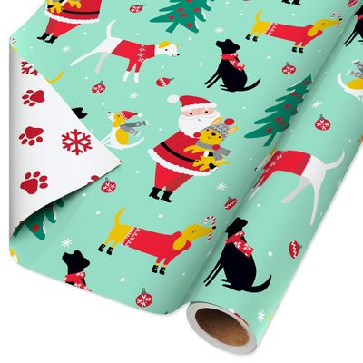 American Greetings Jumbo Reversible Christmas Wrapping Paper Roll, Puppy Dogs and Santa Paws Holiday Gift Wrap (175 sq. ft., 1 Extra Large Roll-30 in. x 70 ft.) Mint Green, Red, and White