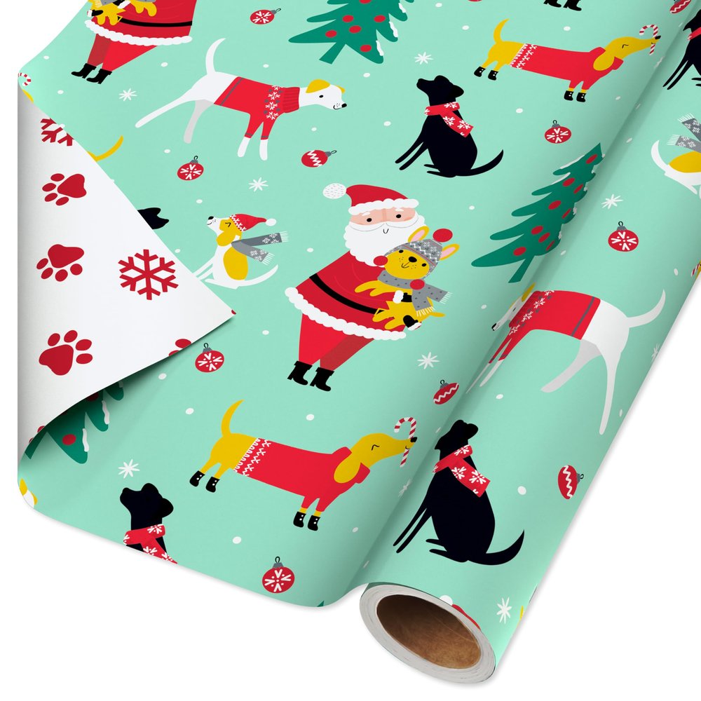 American Greetings Jumbo Reversible Christmas Wrapping Paper Roll, Puppy Dogs and Santa Paws Holiday Gift Wrap (175 sq. ft., 1 Extra Large Roll-30 in. x 70 ft.) Mint Green, Red, and White