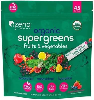 Greens Organic Superfood Blend ~ Probiotics, Antioxidants, Hydration ~ 10g Superfoods, 5g Fiber ~ 70 Superfoods ~ 45 Stick Packs