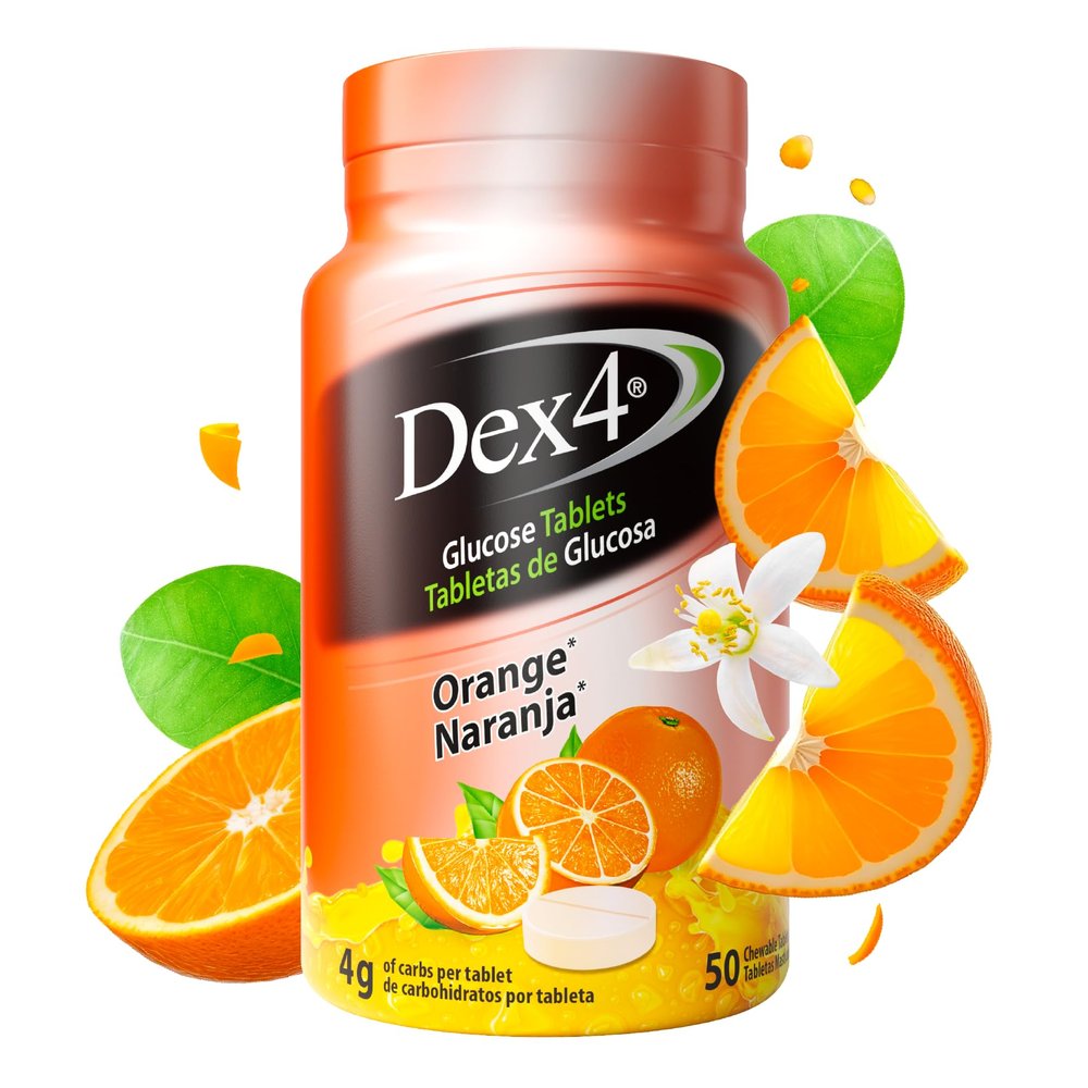 Dex4 Glucose Tablets, Orange, 50 Count Bottle, Each Tablet Contains 4g of Carbs