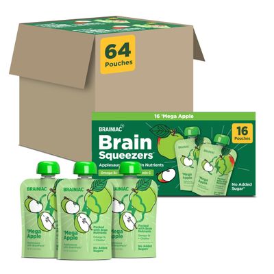 Brainiac Apple Applesauce, Unsweetened Applesauce with Vitamin C, Omega-3s & Choline, 64 Count, 3.2 oz