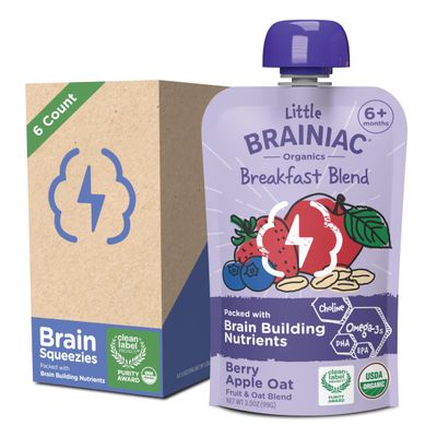 Little Brainiac Breakfast Blend Organic Fruit & Oat Toddler Pouches, Berry Apple Oat with Omega-3s DHA/EPA and Choline, Clean Label, BPA-Free, Non-GMO, 3.5 oz, Pack of 12