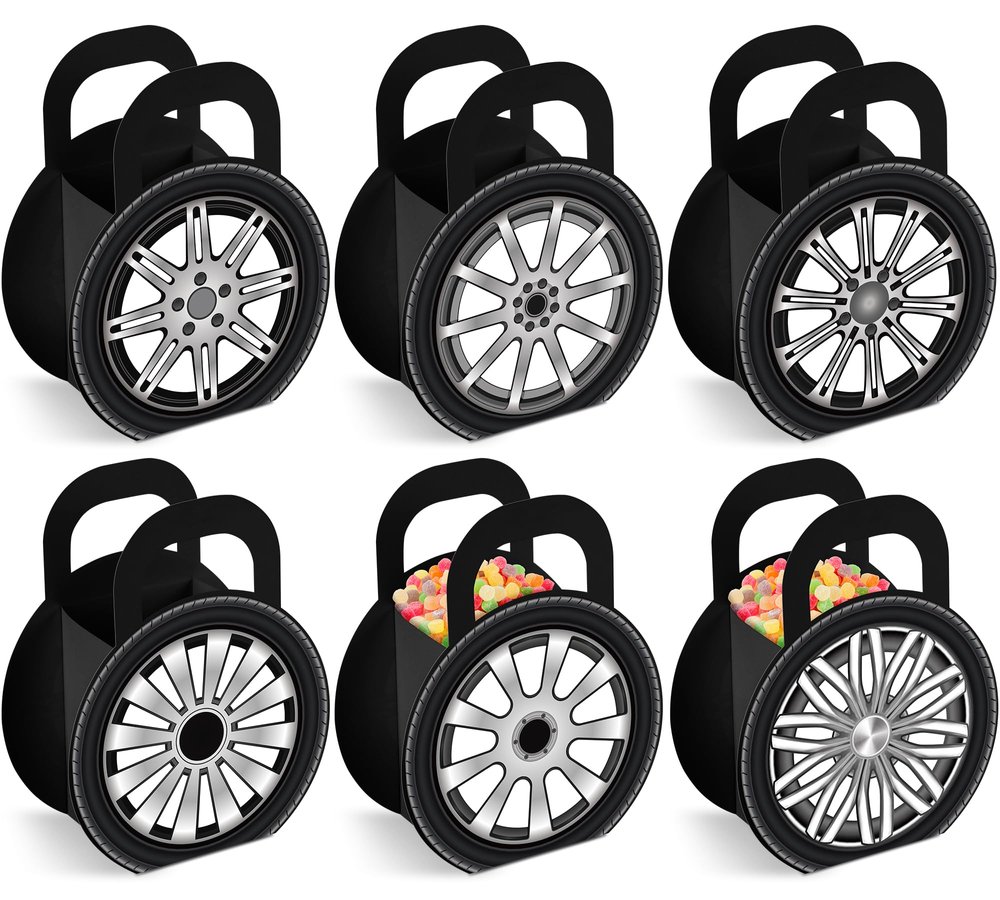 CHUNNIN 24Pcs Race Car Wheels Party Gift Boxes for Race Car Party Decorations Car Wheels Shaped Treat Boxes Racing Car Birthday Party Candy Boxes with Handle for Birthday Baby Shower Party Supplies