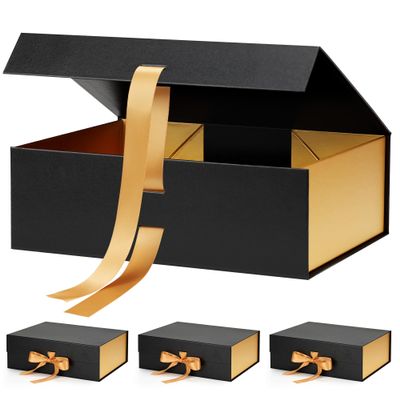 Snclriao 4 Pack Black Gold Gift Boxes with Lids for Presents 12x9x4 Inches, Large Magnetic Box Bulk with Ribbon for Birthday Christmas Groomsmen Bridesmaid Proposal Wedding Mother's Day