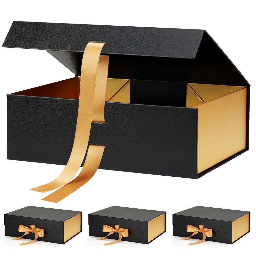 Snclriao 4 Pack Black Gold Gift Boxes with Lids for Presents 12x9x4 Inches, Large Magnetic Box Bulk with Ribbon for Birthday Christmas Groomsmen Bridesmaid Proposal Wedding Mother's Day