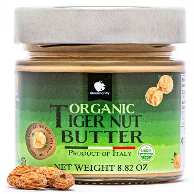 Gourmanity Organic Tigernut Butter, Sweet and Nutty Tasting Nut Free Peanut Butter Alternative, Compliant With Low Fodmap And Whole 30 Diets, Ideal For Dipping And Drizzling 8.8oz / 250g Jar