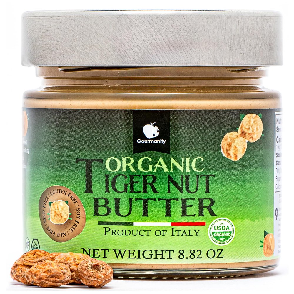 Gourmanity Organic Tigernut Butter, Sweet and Nutty Tasting Nut Free Peanut Butter Alternative, Compliant With Low Fodmap And Whole 30 Diets, Ideal For Dipping And Drizzling 8.8oz / 250g Jar