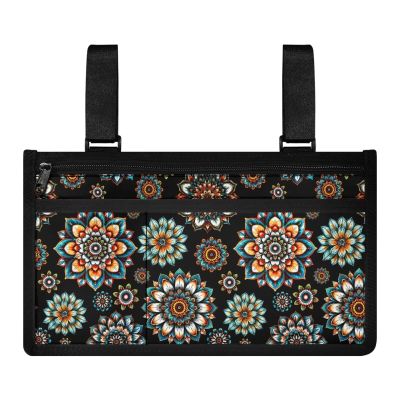 Gomyblomy Boho Flowers Wheelchair Side Bag with Pockets Wheelchair Storage Tote Bag with Cup Holder Armrest Pouch Accessories for Wheelchairs, Mobility Scooters, Walker