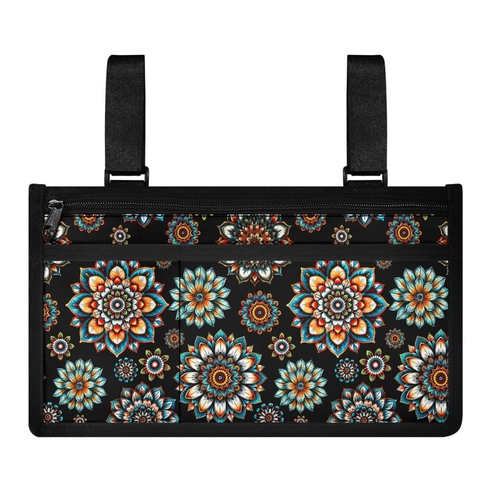 Gomyblomy Boho Flowers Wheelchair Side Bag with Pockets Wheelchair Storage Tote Bag with Cup Holder Armrest Pouch Accessories for Wheelchairs, Mobility Scooters, Walker