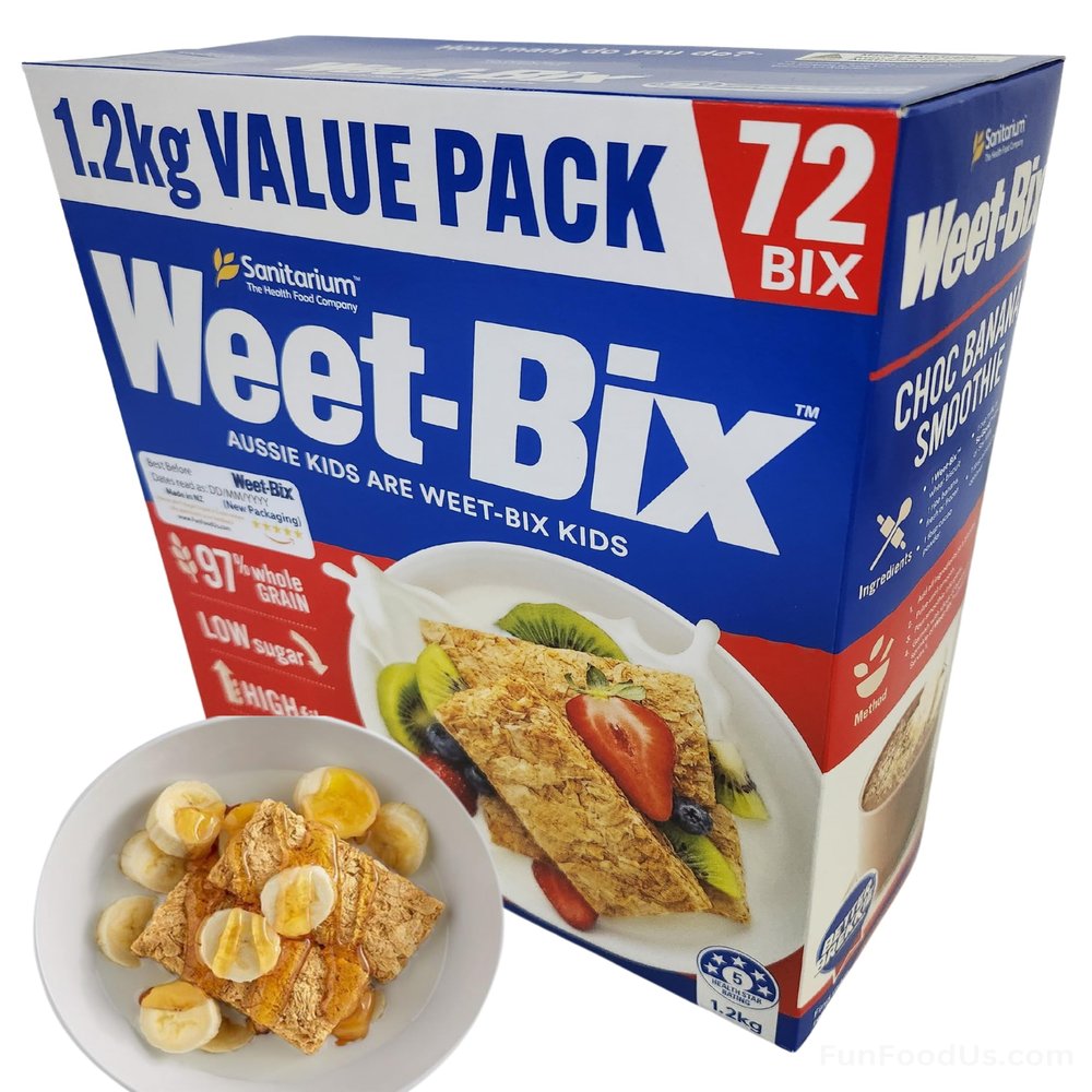 Aussie Made Weet-Bix 97% Wholegrain (1.2kg VALUE PACK 72 BIX) By Sanitarium Health Food Company Australia. Low in Sugar. Goodness and Energy