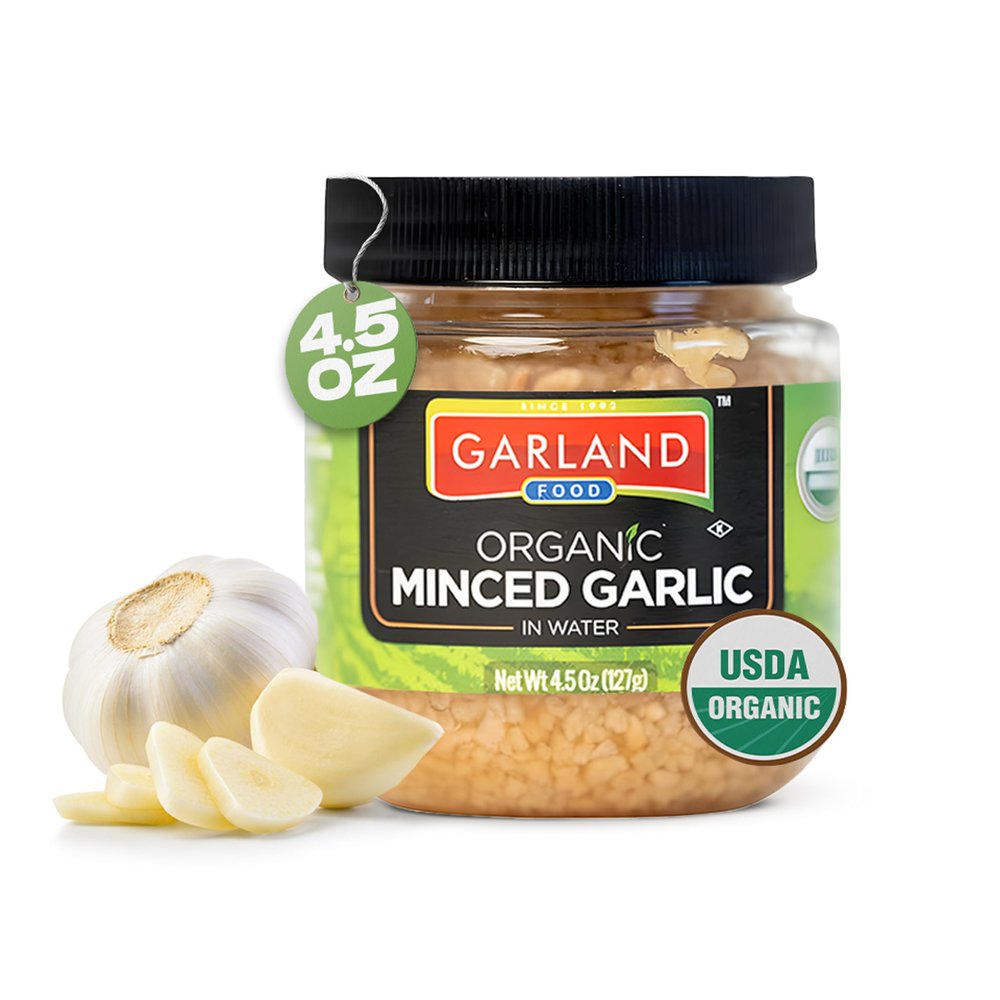 Garland Food Organic Minced Garlic 4.5 oz  Made in the USA - Fresh Flavor, Convenience, and Nutritional Power of Minced Garlic Organic