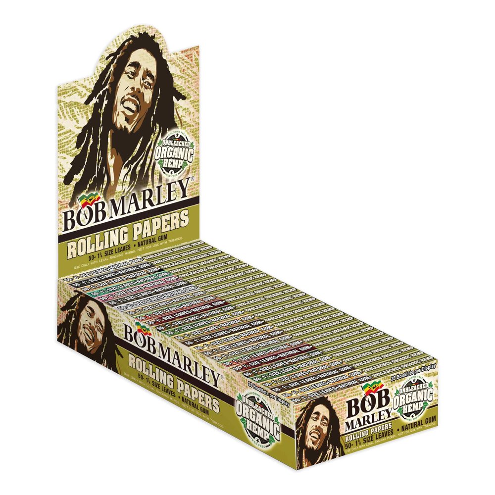 Bob Marley Rolling Paper Unbleached - 1 1/4" Medium Size (78mm) Paper - Box of 25 Booklets! (50 Leaves Per Book)
