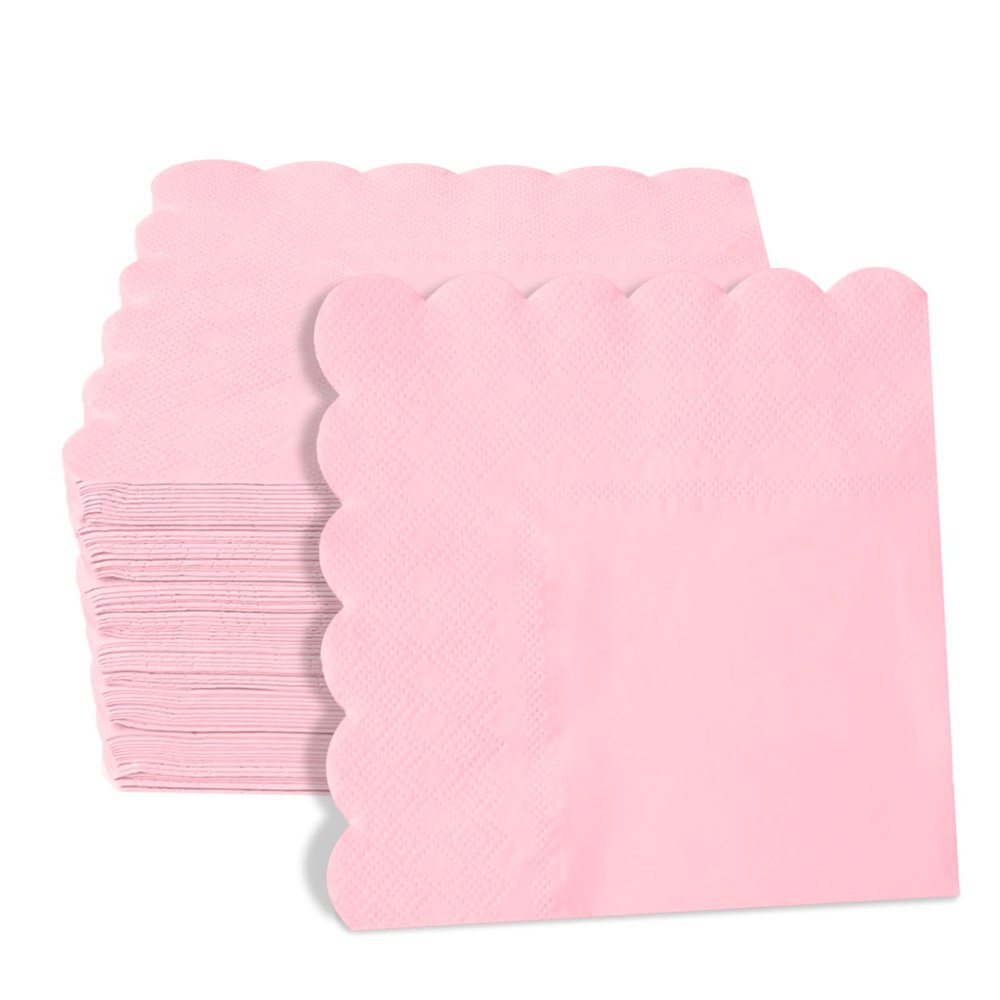 200 Pieces 2-ply Light Pink Napkin Disposable Scalloped Cocktail Napkins 5 x 5 Inches Beverage Napkins Dessert Napkins Paper Napkins for Wedding Birthday Party Paper Dinner Napkins(Pink)