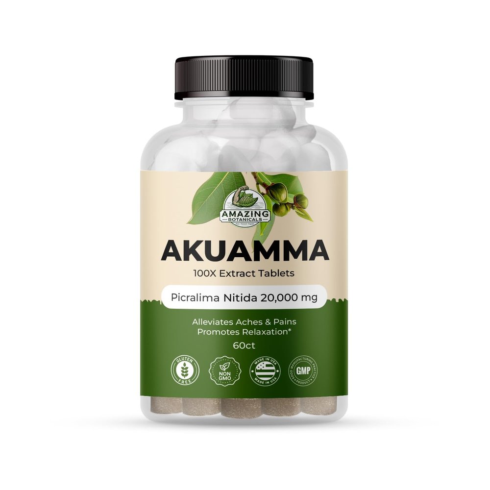 Amazing Botanicals Akuamma 100X Extract Tablets 200 mg | Focus and Clarity Boosts Mood, Relieves Stress, Promotes Calmness, Non-GMO, Plant Based, Vegan (60 Count)
