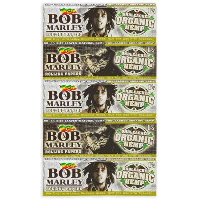 Bob Marley Rolling Paper - 1 1/4" Medium Size (78mm) Unbleached Paper - Pack of 5 Booklets! (50 Leaves Per Book)