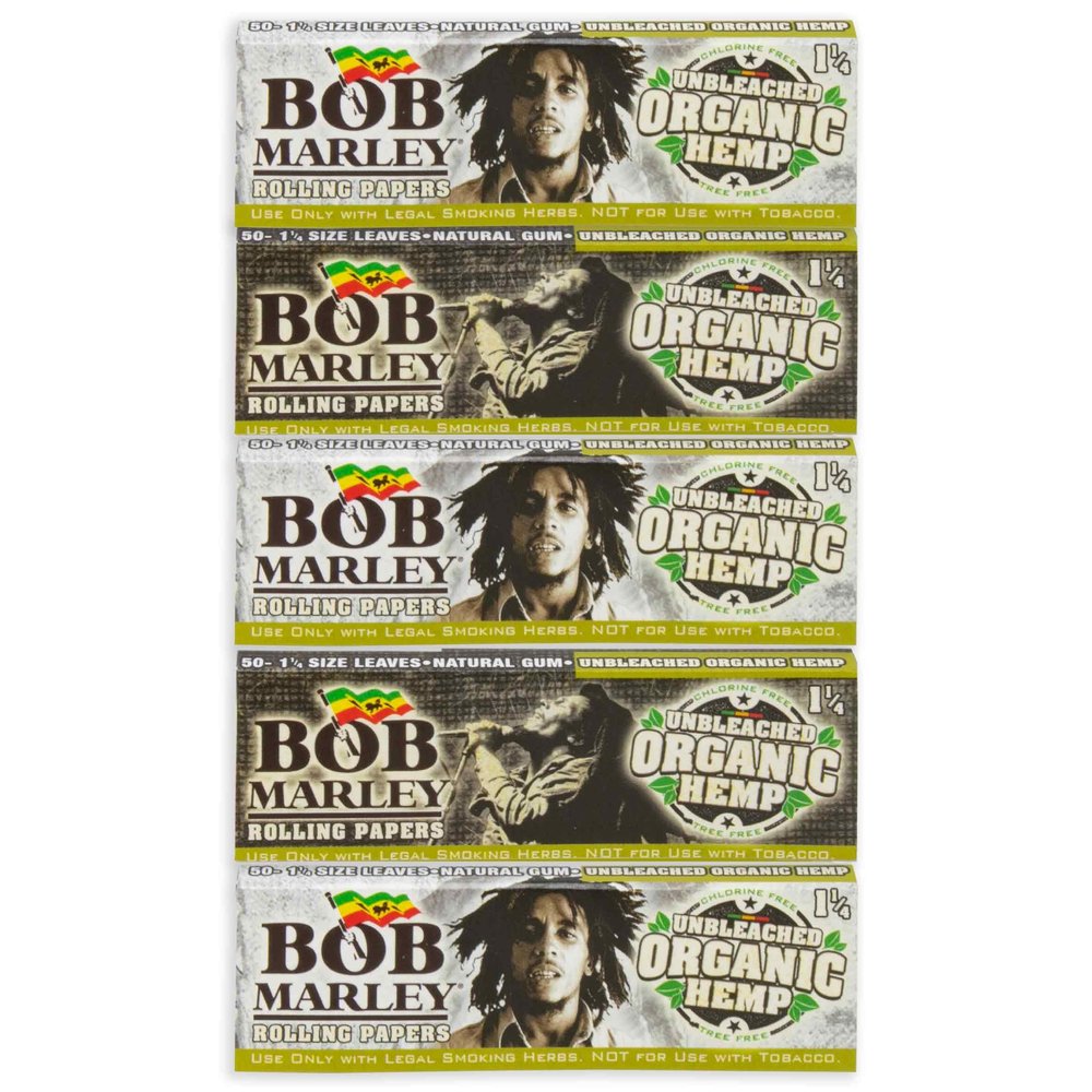 Bob Marley Rolling Paper - 1 1/4" Medium Size (78mm) Unbleached Paper - Pack of 5 Booklets! (50 Leaves Per Book)