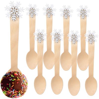 Pickmesh 100 Pieces Christmas Disposable Wooden Spoons with Cute Top, 5.51 Inch Christmas Hot Chocolate Spoons for Tasting Cake Coffee Ice Cream Hot Chocolate Bar Supplies(Snowflake)