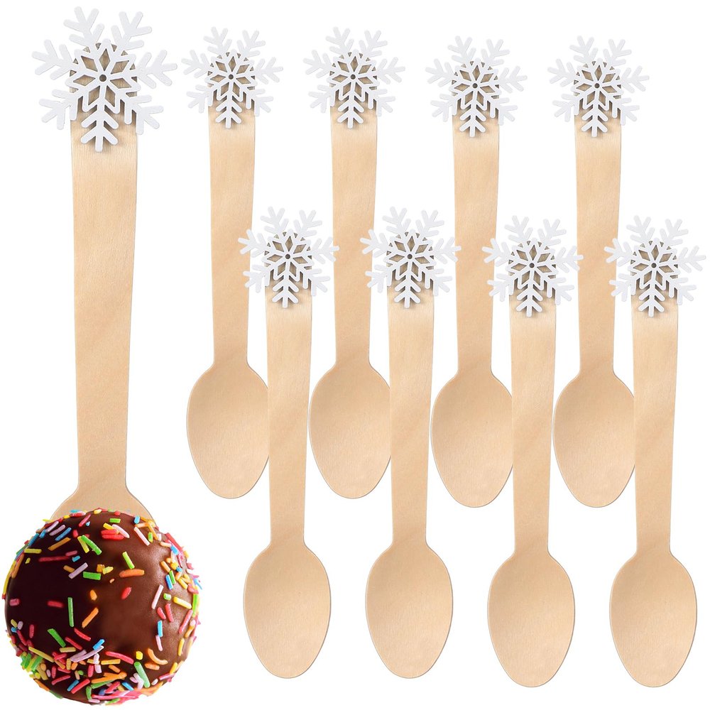 Pickmesh 100 Pieces Christmas Disposable Wooden Spoons with Cute Top, 5.51 Inch Christmas Hot Chocolate Spoons for Tasting Cake Coffee Ice Cream Hot Chocolate Bar Supplies(Snowflake)