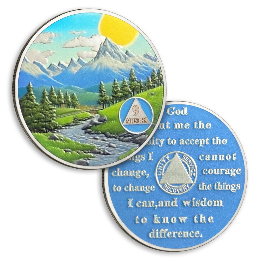 9 Month Sobriety Coin, Valley Sunrise Serenity Prayer AA Medallion